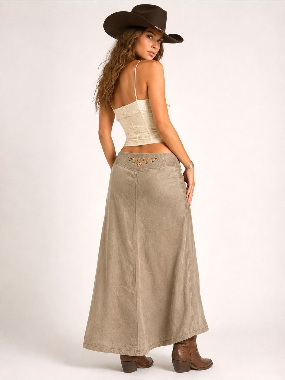 Countrycore Western Corduroy Maxi Skirt Embroidered Floral Folk Prairie Boho